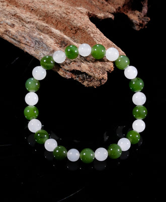 7mm White & Green Jade Beaded Bracelet #2453