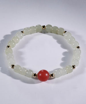 Carnelian and White Jade Beaded Bracelet #2459