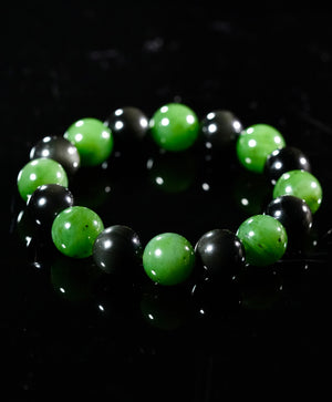 14mm Jade and Obsidian Beaded Bracelet #2068