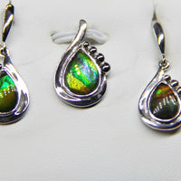 Ammolite earrings and pendant set. Green, yellow and red, triple color