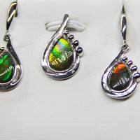 Ammolite earrings and pendant set. Green, yellow and red, triple color