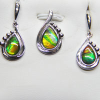 Ammolite earrings and pendant set. Green, yellow and red, triple color