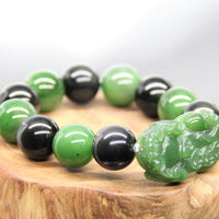 14mm Jade Pixiu and Obsidian Beaded Bracelet #2071