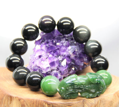 Jade Pixiu and Obsidian Beaded Bracelet