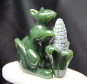 2" Jade Mouse With Corn On White Marble